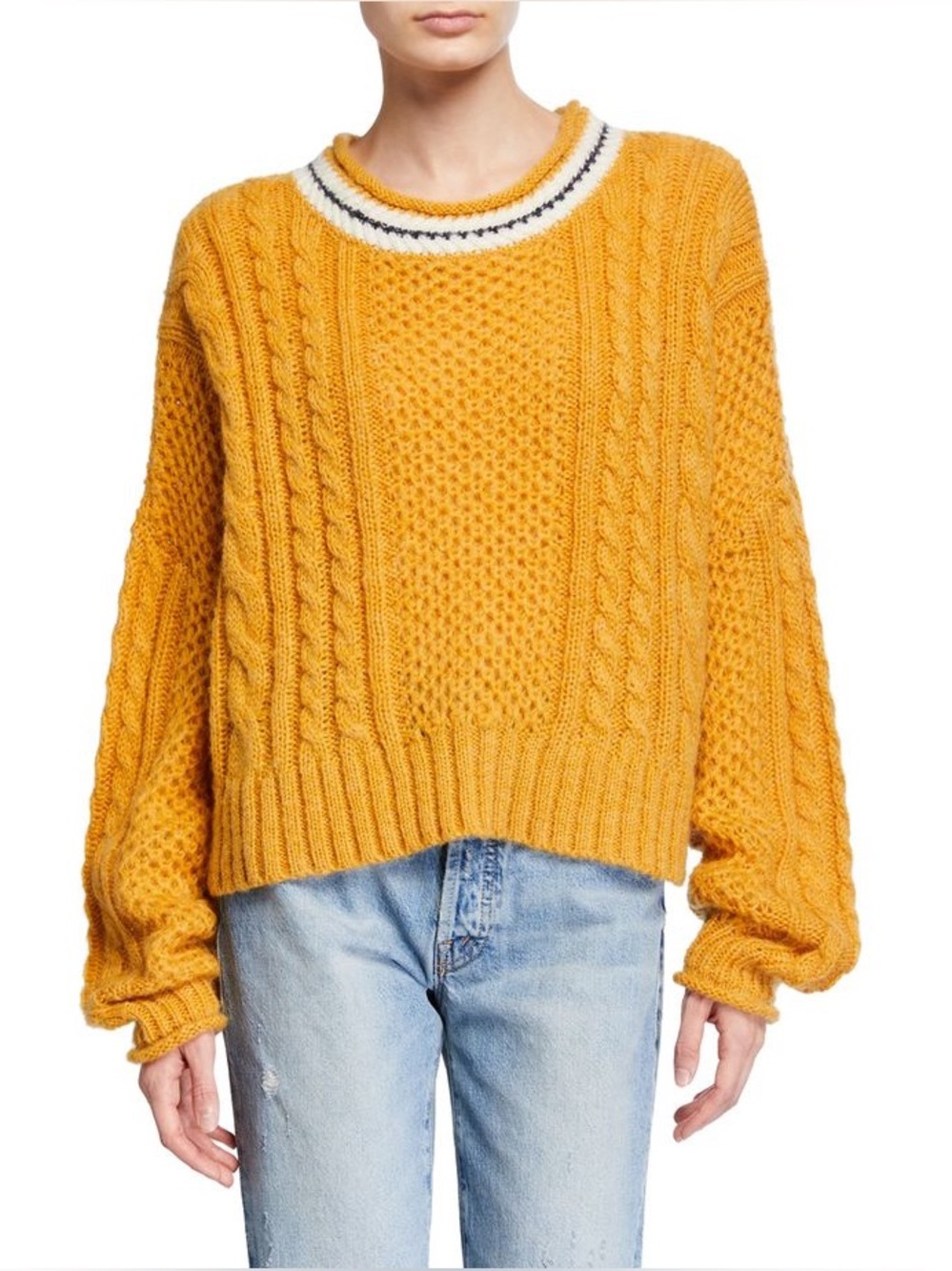 The Great Mustard Cable Knit Sweater Size 2 (M) Striped Crew Neck Oversized